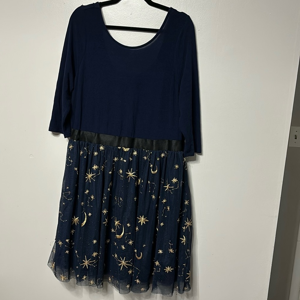 ModCloth navy and gold twofer dress with celestial skirt 1X